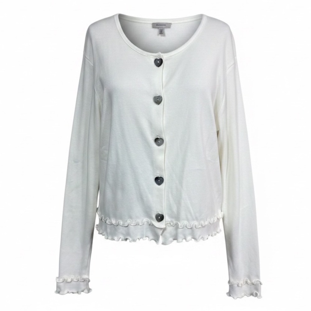 Coldwater Creek Women's L Cream Heart Button Ruffle Top Cottagecore‎ 100% Cotton